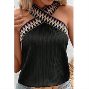 Black Chevron Print Criss Cross Top size XS tribal summer shirt vacation tank
